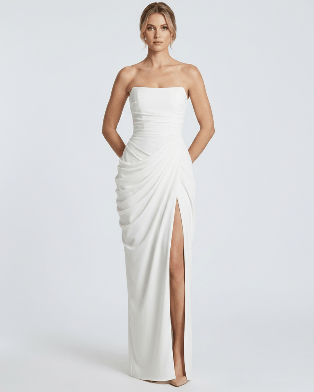 Vestido de invitada de boda, largo, sin tirantes, con tela de alta calidad.