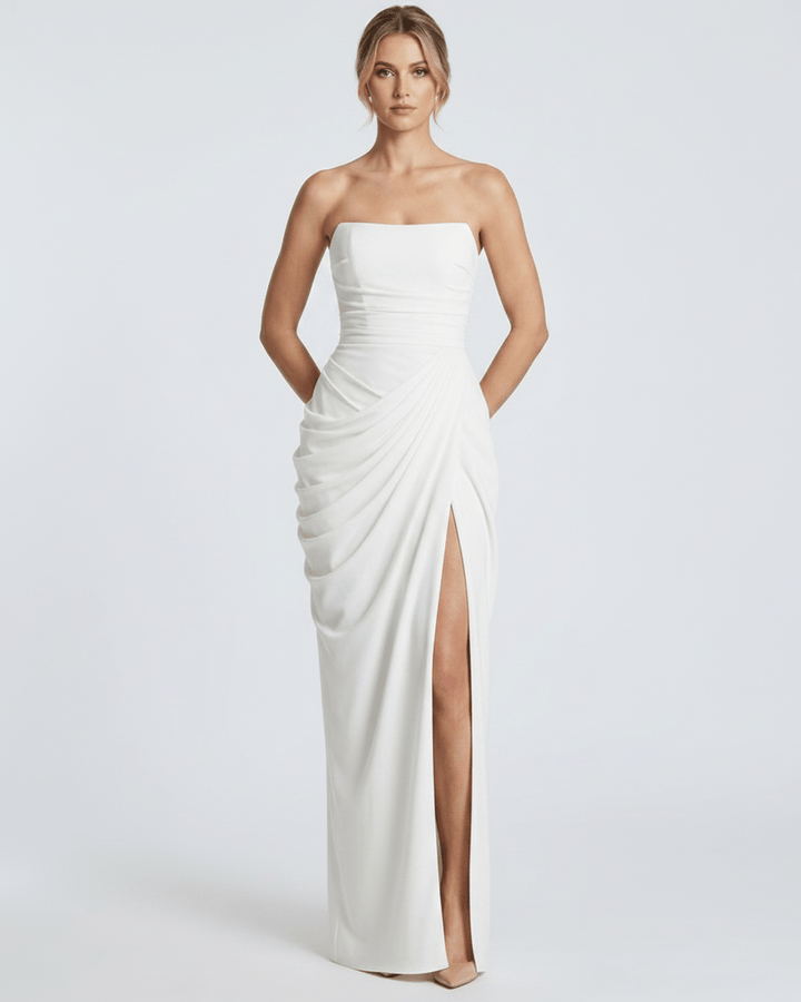 Vestido de invitada de boda, largo, sin tirantes, con tela de alta calidad.