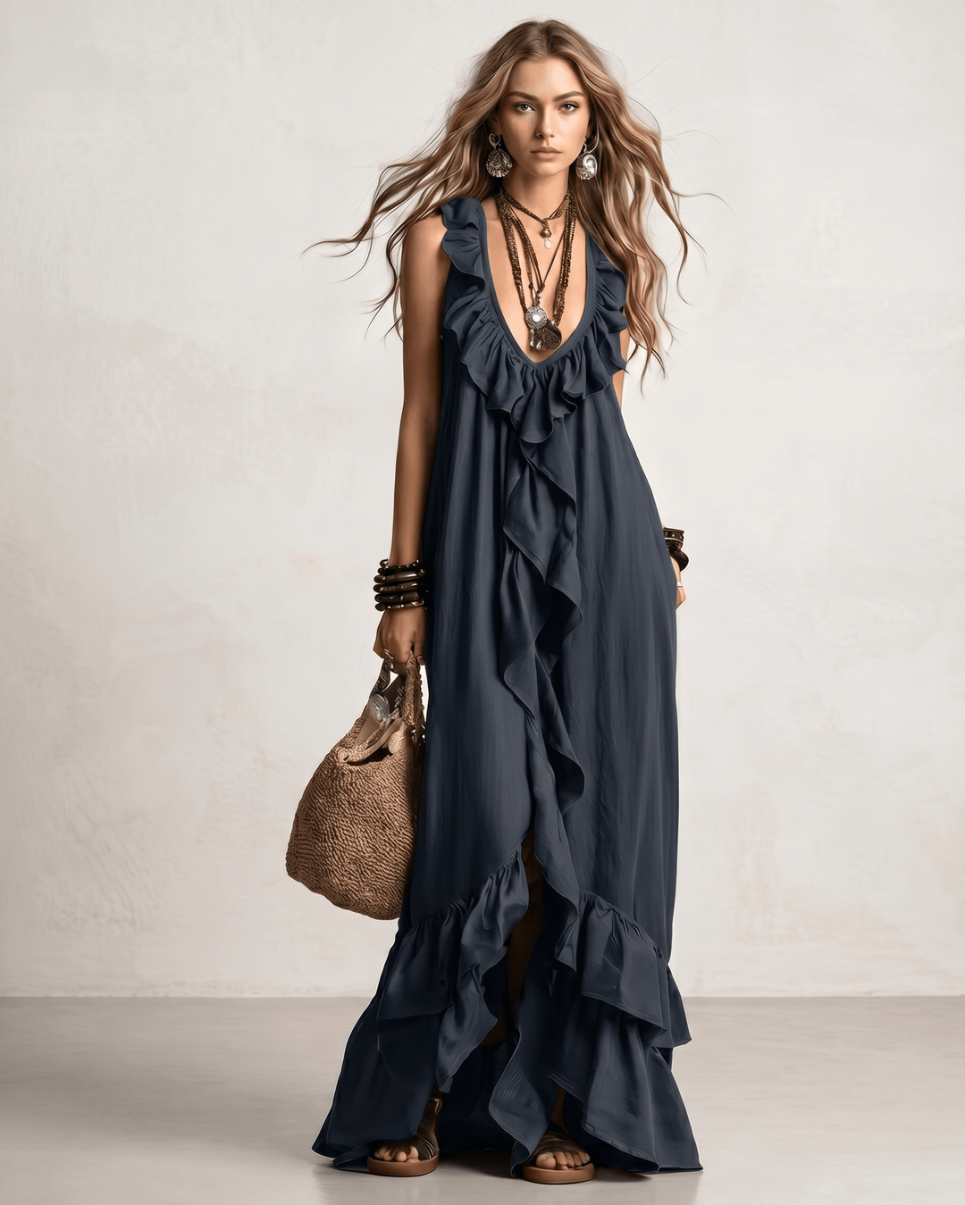 Vestido de verano elegante, con volantes, escote en V y corte maxi, sin mangas.