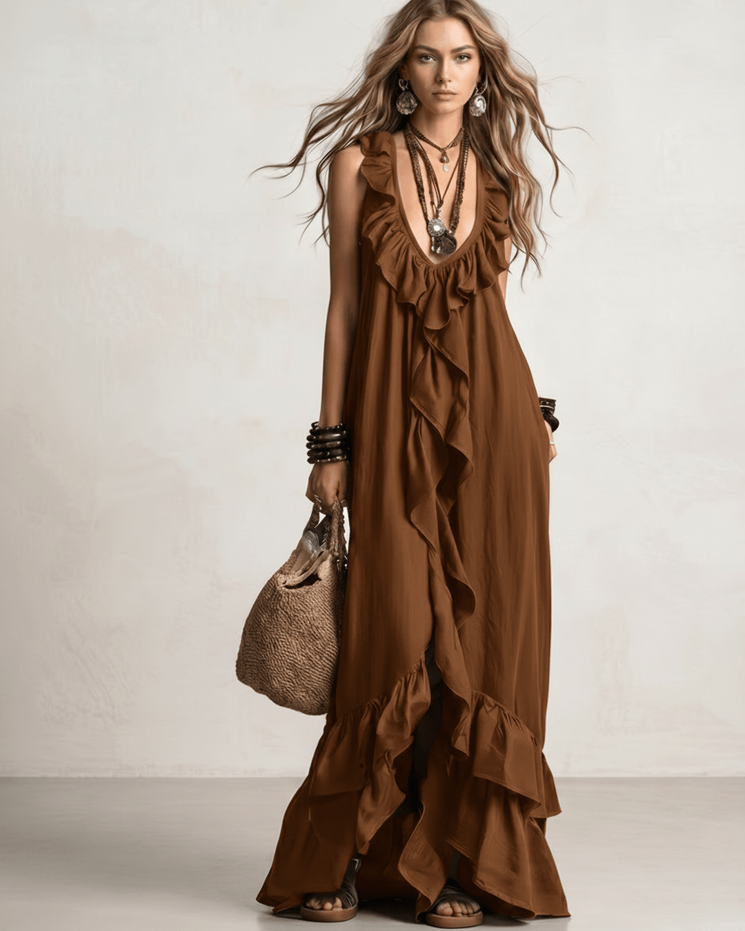 Elegante vestido de verano, maxi con volantes, escote en V y diseño sin mangas, bohemio.