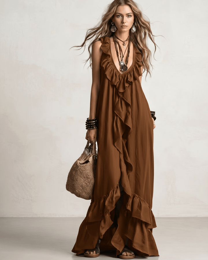 Elegante vestido de verano, maxi con volantes, escote en V y diseño sin mangas, bohemio.