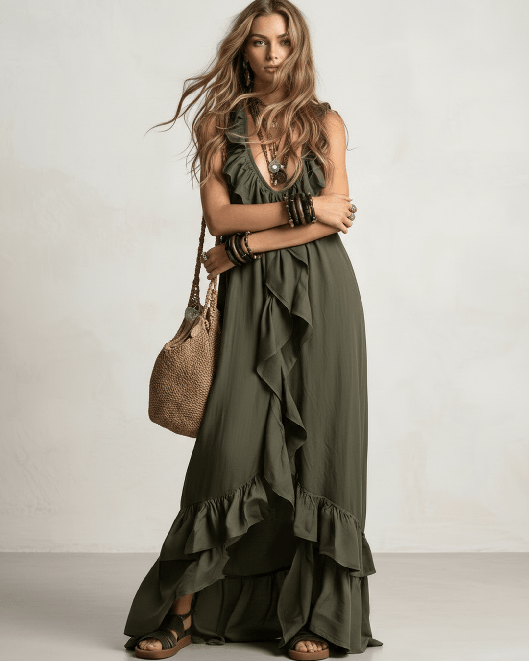 Vestido de verano casual con volantes, escote V profundo y corte maxi, muy cómodo.