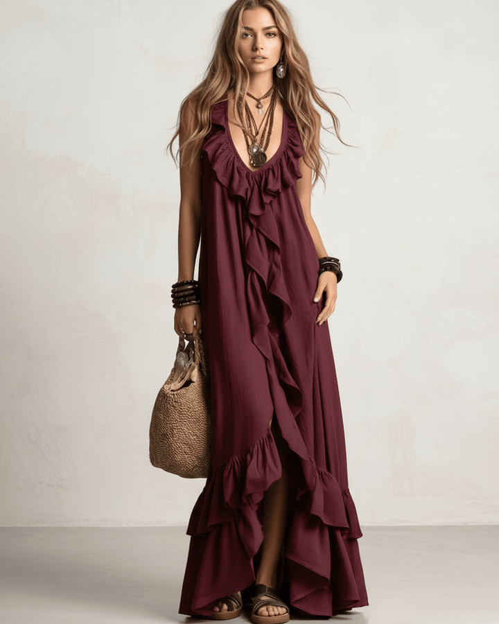 Vestido casual de mujer con volantes, escote V, espalda abierta y corte maxi, fluido.