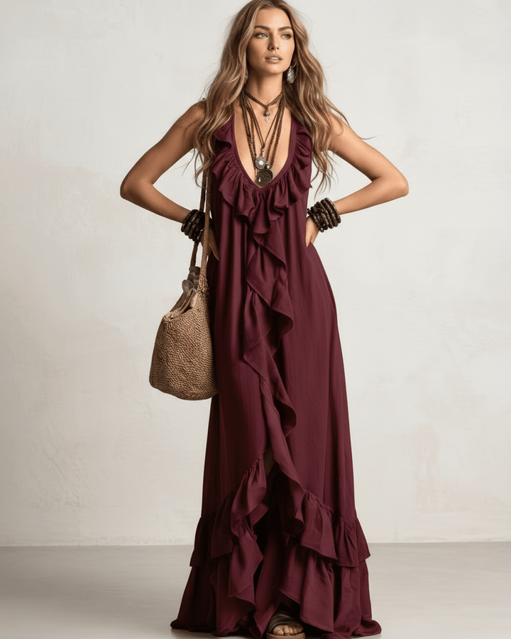 Vestido de verano bohemio, maxi con volantes y escote en V, fluido y casual.