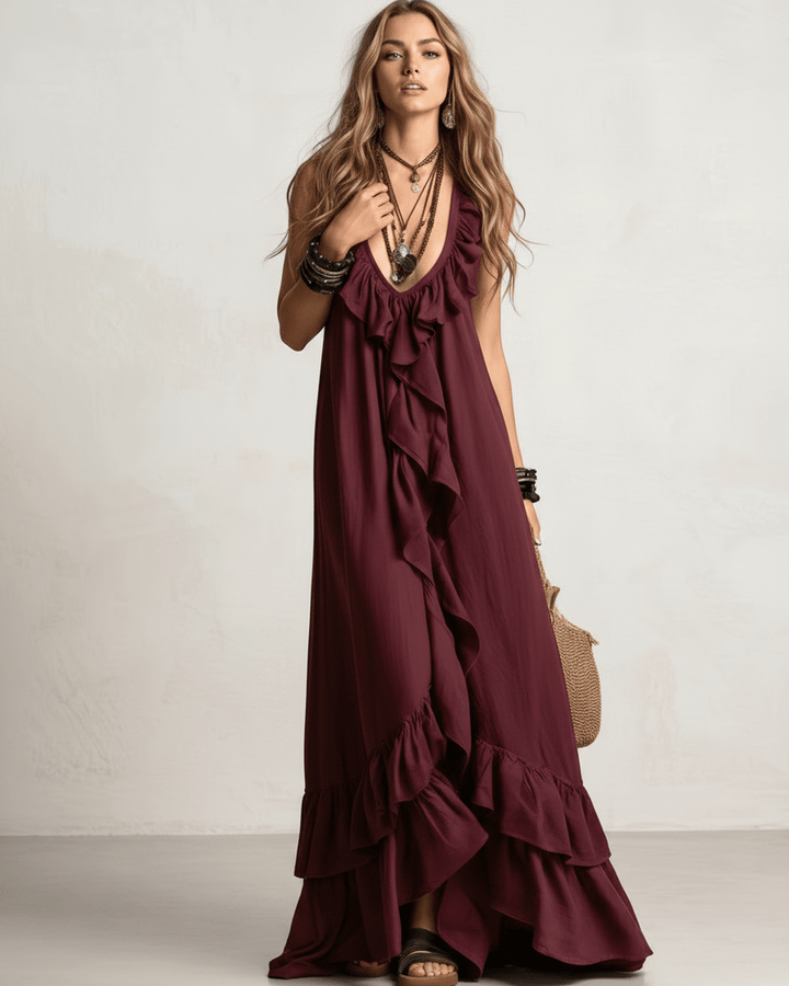 Vestido bohemio sin mangas, maxi con volantes y escote en V para mujer en verano.
