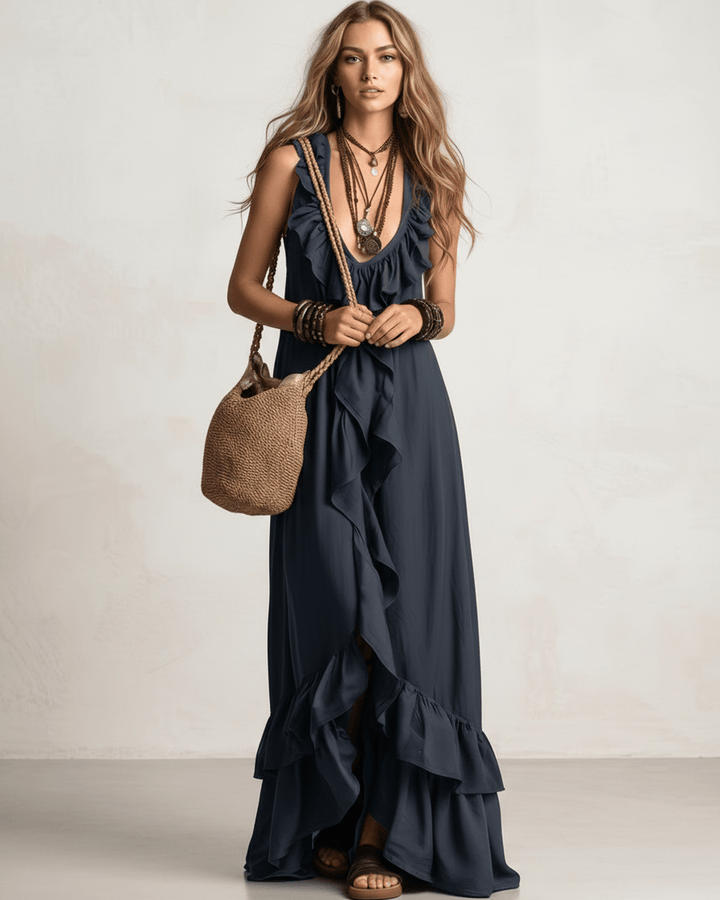 Vestido de playa fluido, maxi para mujer con volantes, escote V y espalda abierta.