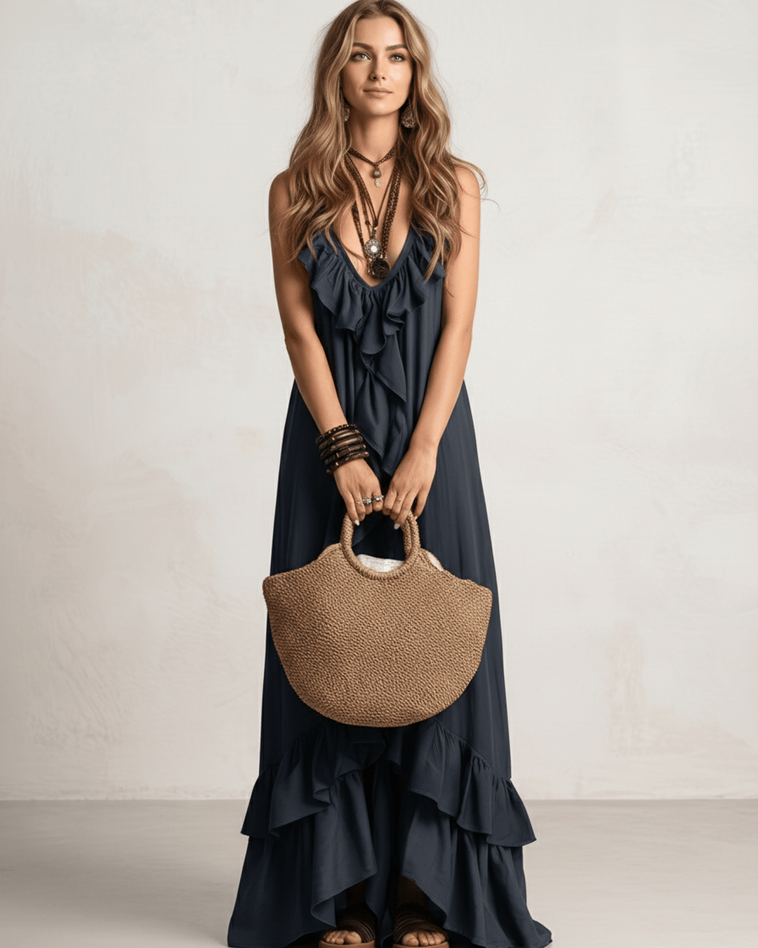 Vestido de verano fluido, maxi para mujer con volantes y escote en V, ideal para playa.