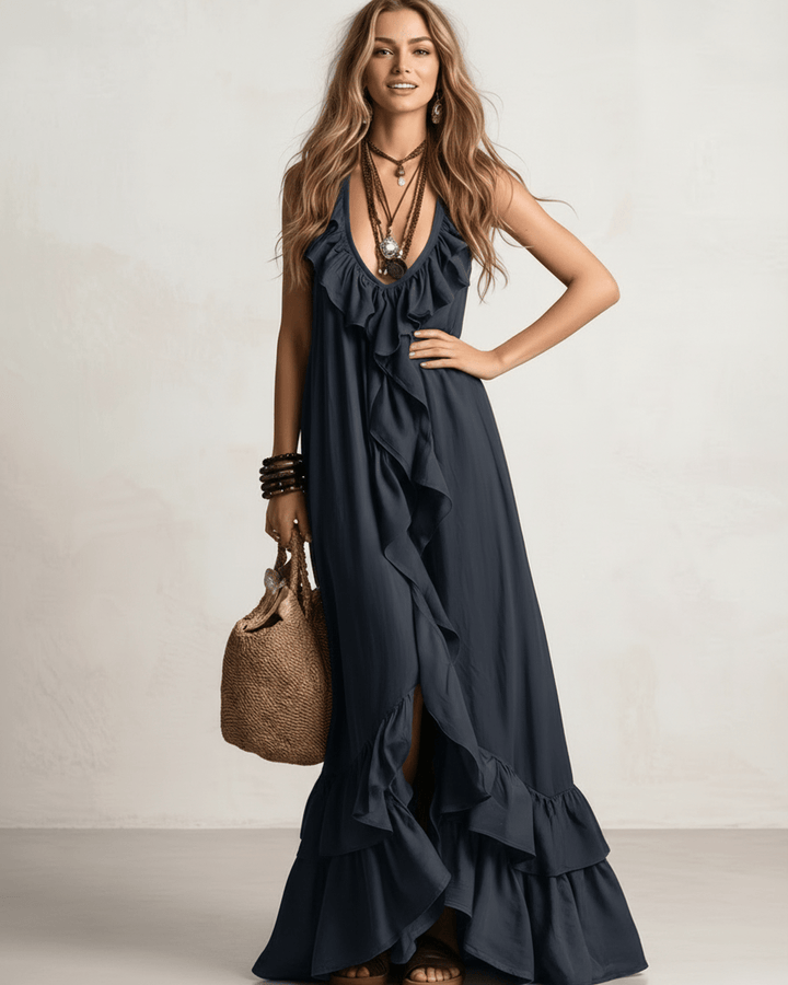 Elegante vestido maxi para mujer, con volantes, escote en V y diseño fluido de verano.