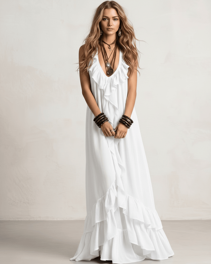 Elegante vestido de playa maxi con volantes, escote en V y espalda abierta para mujer.