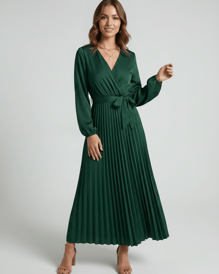 Vestido de fiesta Elara, maxi y escote V, silueta elegante para invitada.