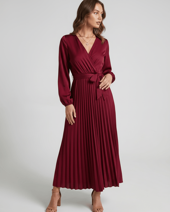 Vestido de mujer Elara, largo, escote V, ideal para reuniones formales.