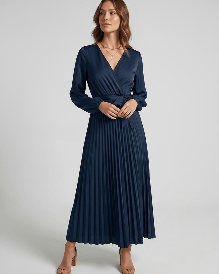 Vestido largo Elara, escote V y caída fluida, para mujer.