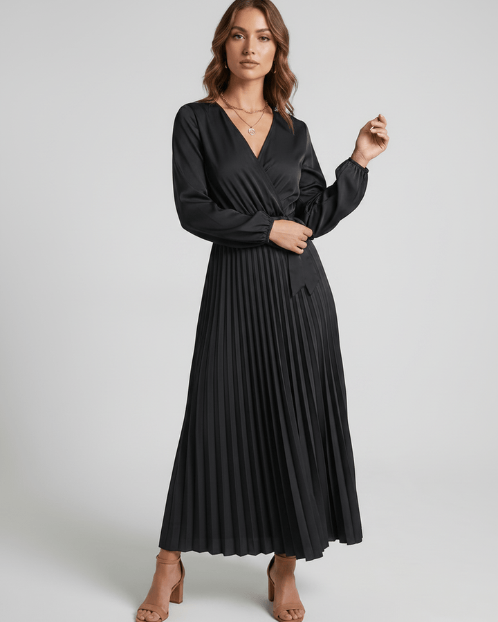 Vestido Elara, maxi, escote V, ideal para un estilo moderno y elegante.