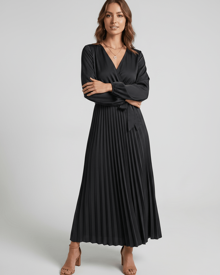 Vestido largo Elara de mujer, escote V, perfecto para bodas de día o noche.