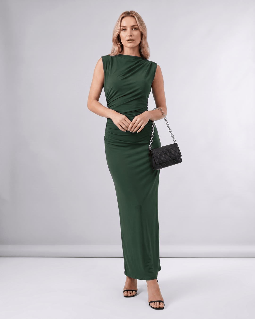 Vestido elegante Aureli para mujer, sin mangas, cuello alto, maxi, ajustado, ideal para fiestas y eventos.