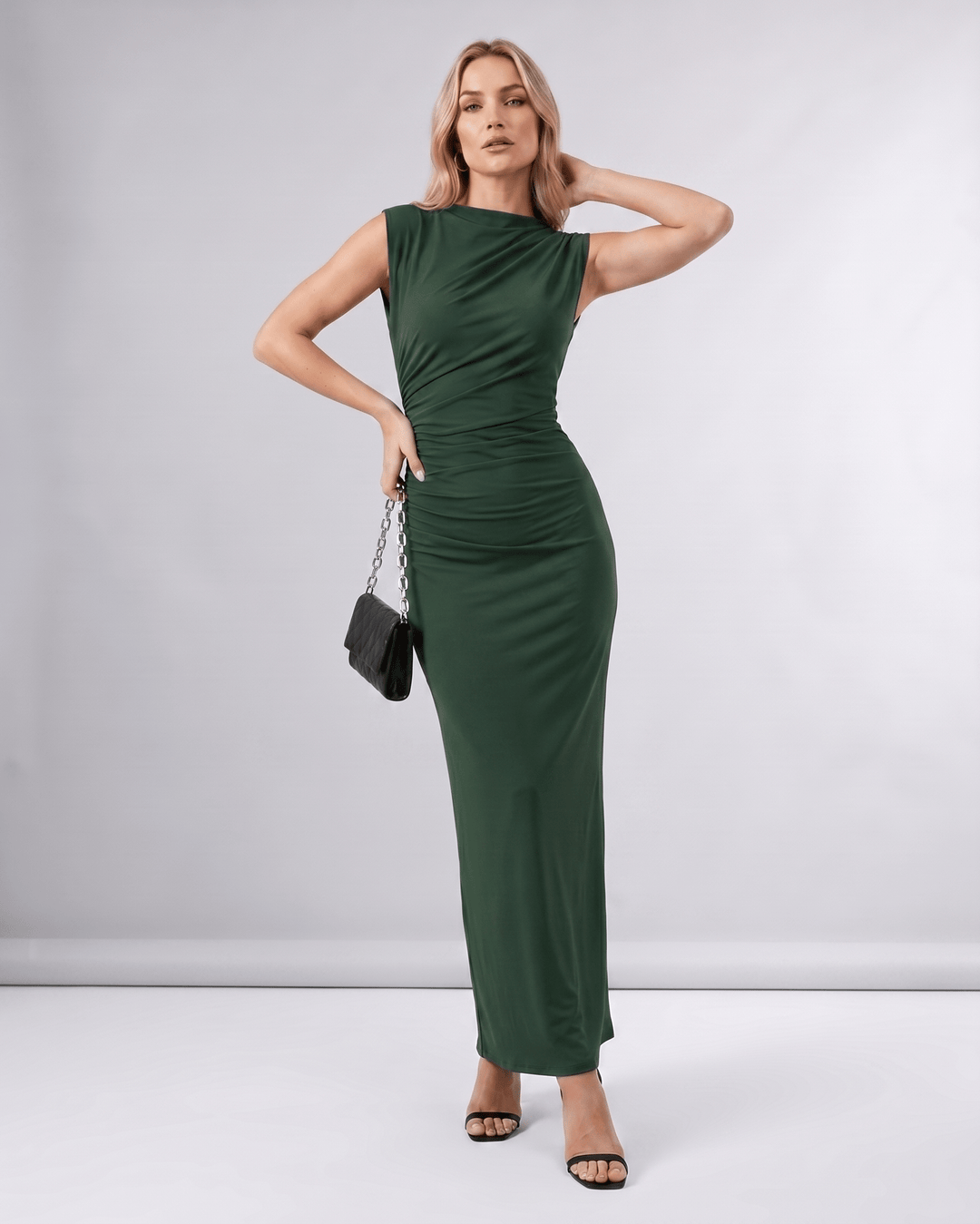 Vestido de fiesta Aureli largo, sin mangas, cuello alto, ajustado, elegante, ideal para lucir esbelta.