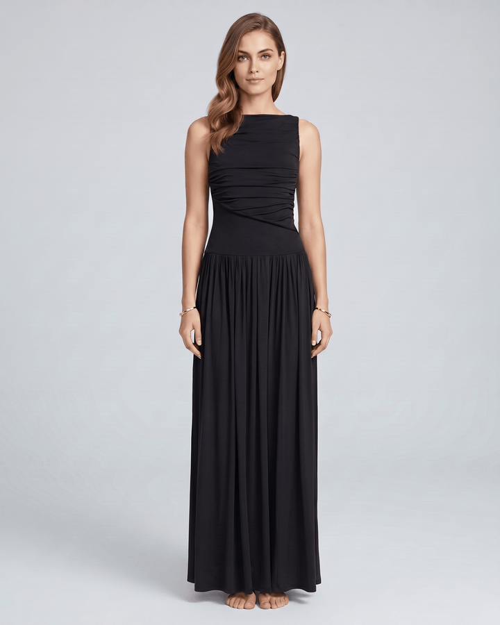 Vestido maxi Aurea cómodo y elegante, sin mangas, con escote barco y fruncido.