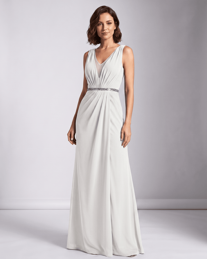 Vestido largo plisado para mujer, escote V, sin mangas, estilo Elara, moda formal para ocasiones especiales.