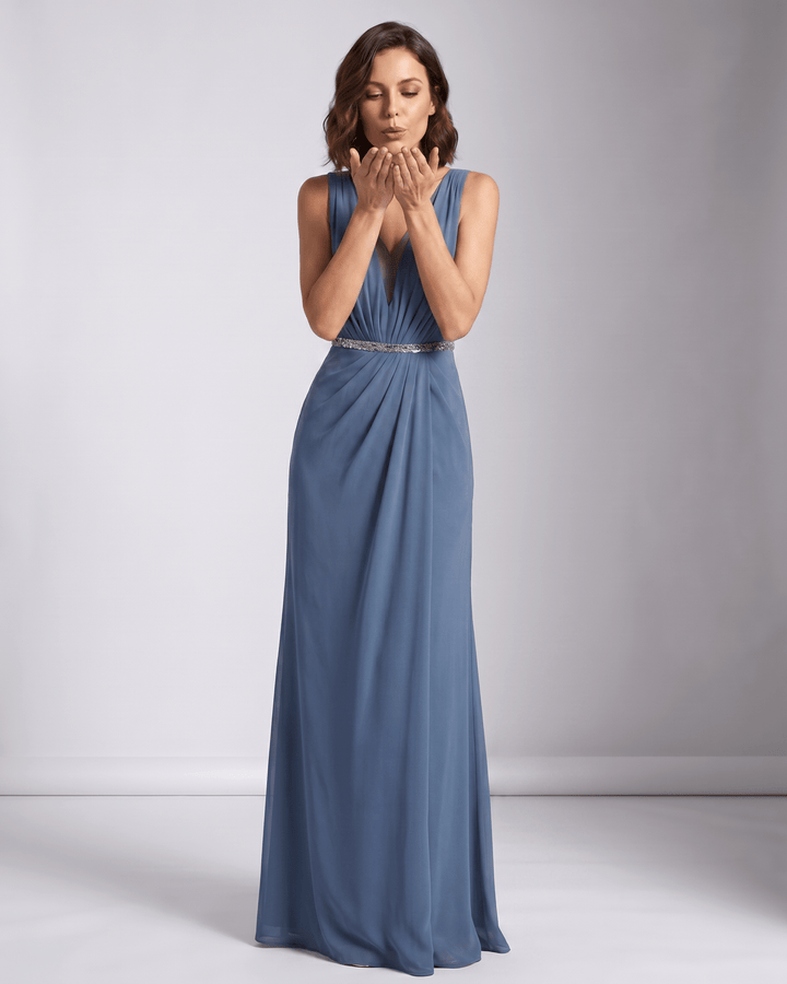Vestido de fiesta Elara para mujer, largo, sin mangas, escote V, ideal para noche o eventos elegantes.