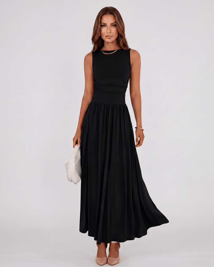 Vestido maxi elegante Aurelia para mujer, con cuello redondo, ideal para una cena o fiesta.