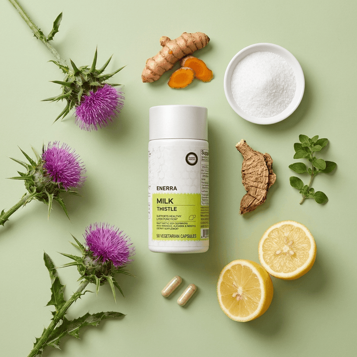 Cápsulas de Cardo Mariano, Cúrcuma y Vitamina C. Suplemento natural para salud hepática y antioxidante.