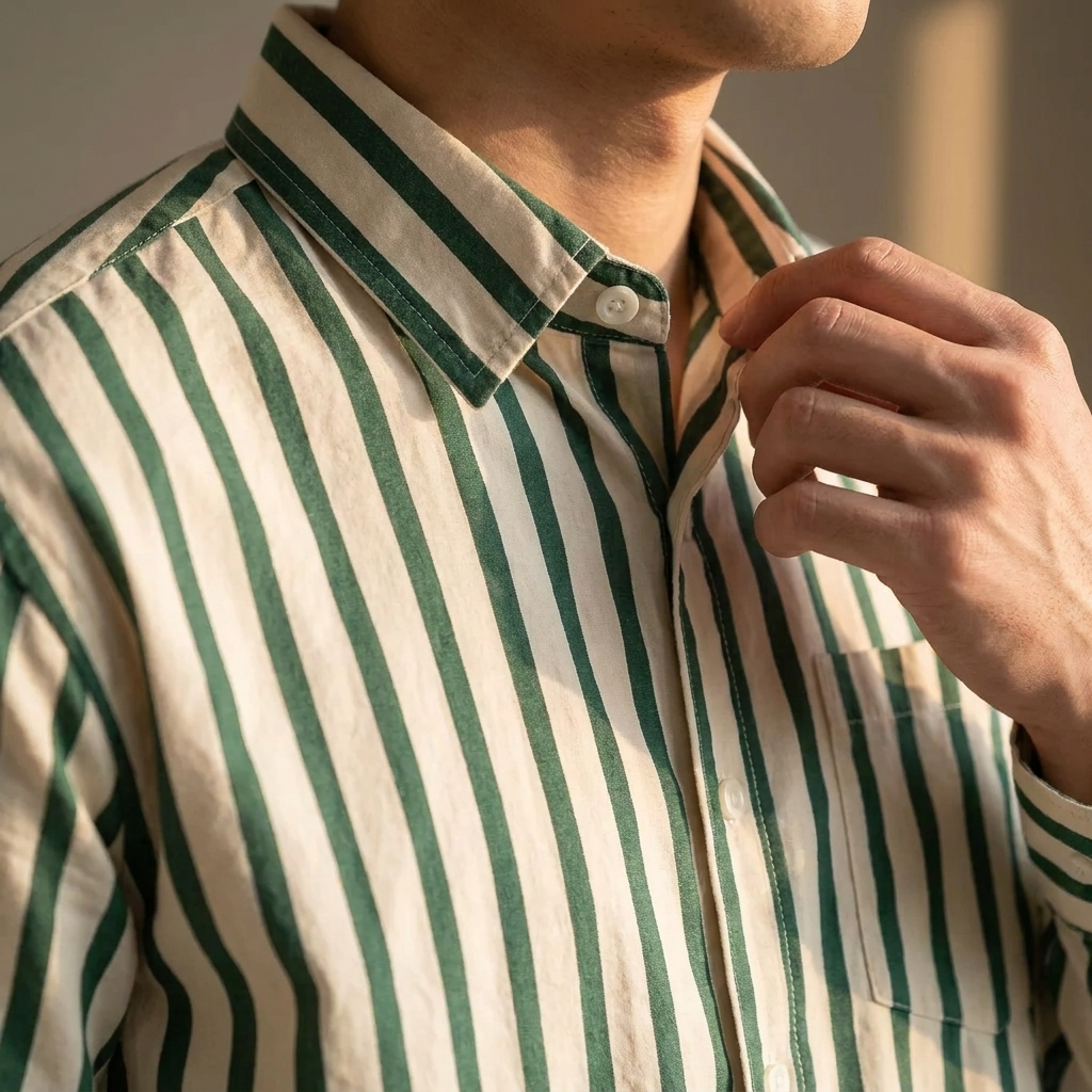Camisa a rayas para hombre, clásica y moderna. Perfecta para cualquier outfit casual o elegante de moda masculina.