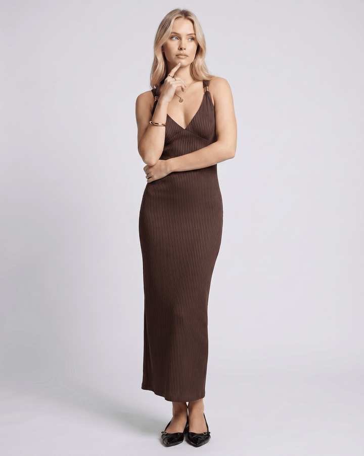 Vestido acanalado maxi para mujer, elegante, con escote en V. Ideal para fiestas o eventos nocturnos.