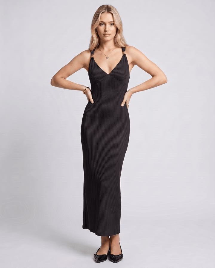 Vestido de mujer elegante, acanalado, maxi y con escote en V. Ideal para fiesta de noche.