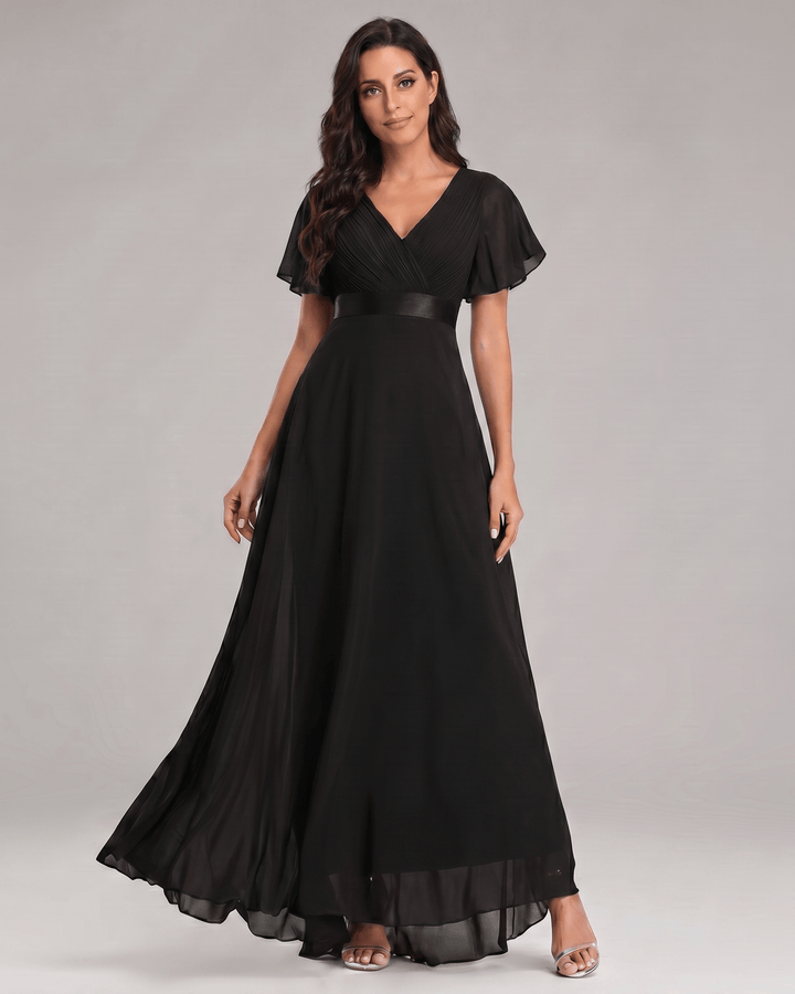 Vestido de noche sofisticado, maxi, escote V, fluido, para ocasiones especiales.
