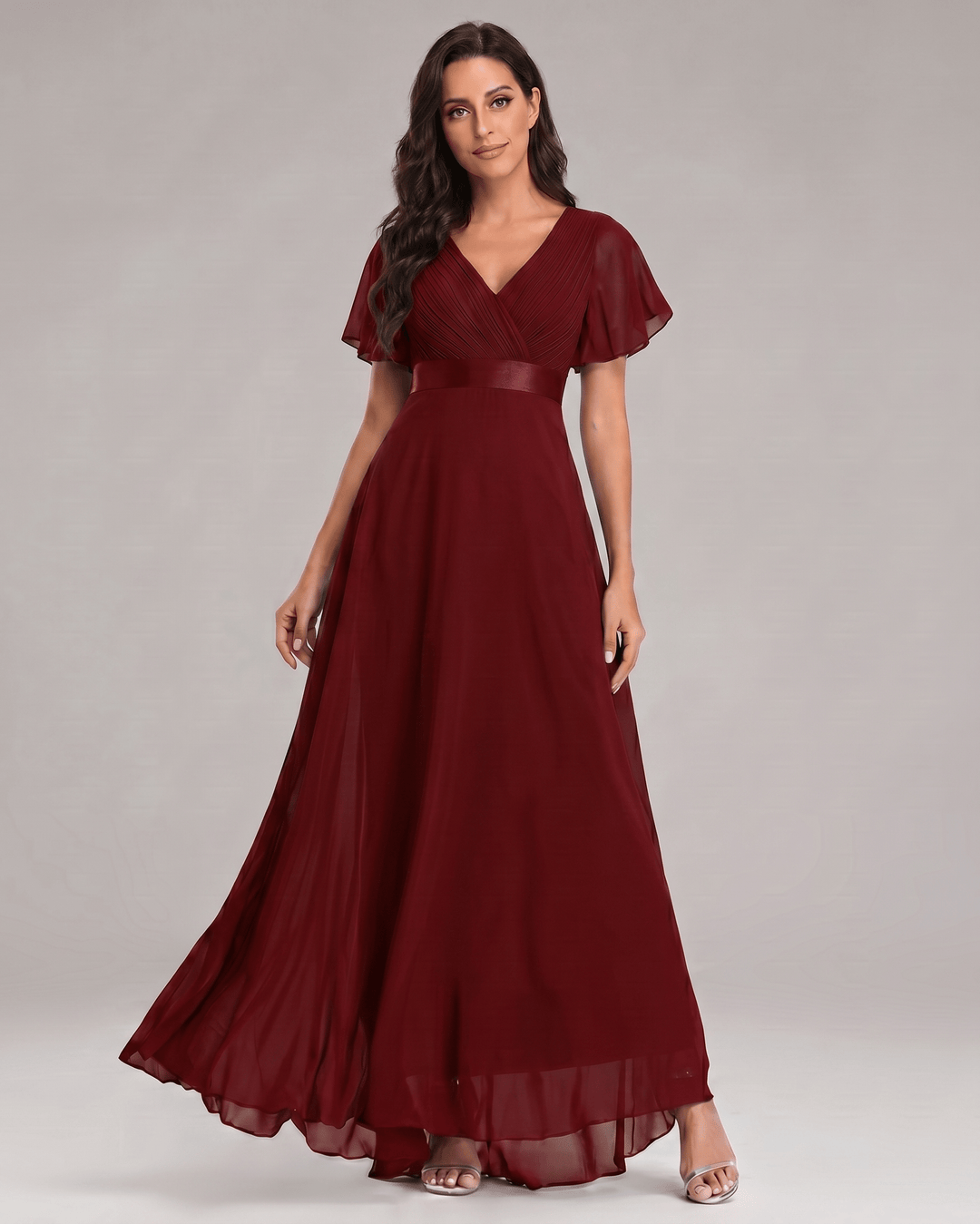 Vestido maxi, elegante, con escote V, corte fluido, para fiesta y boda.