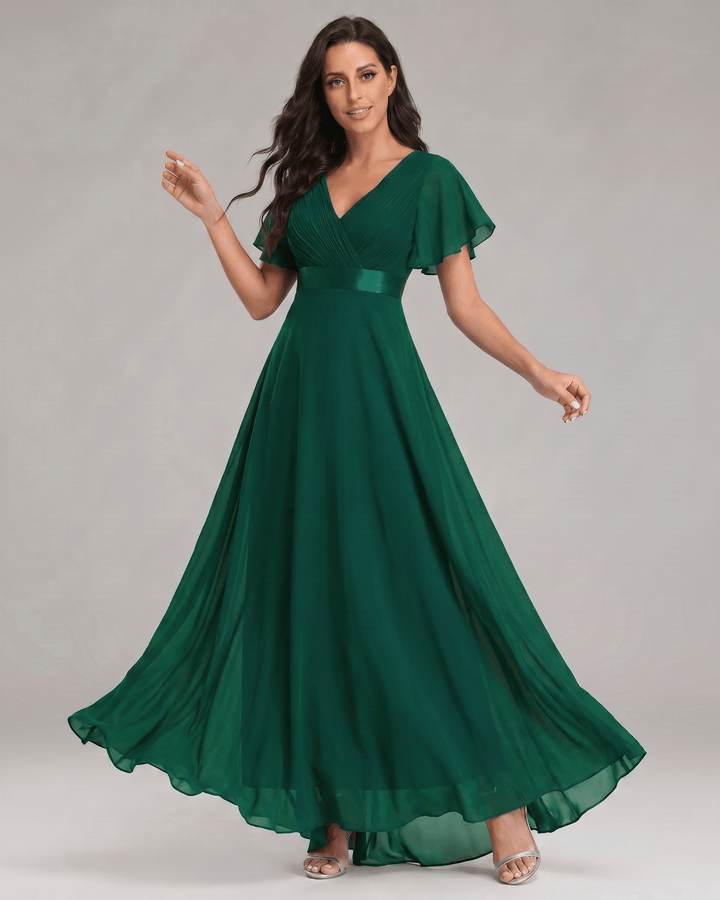 Vestido elegante con escote V, línea A, mangas cortas, moda femenina.