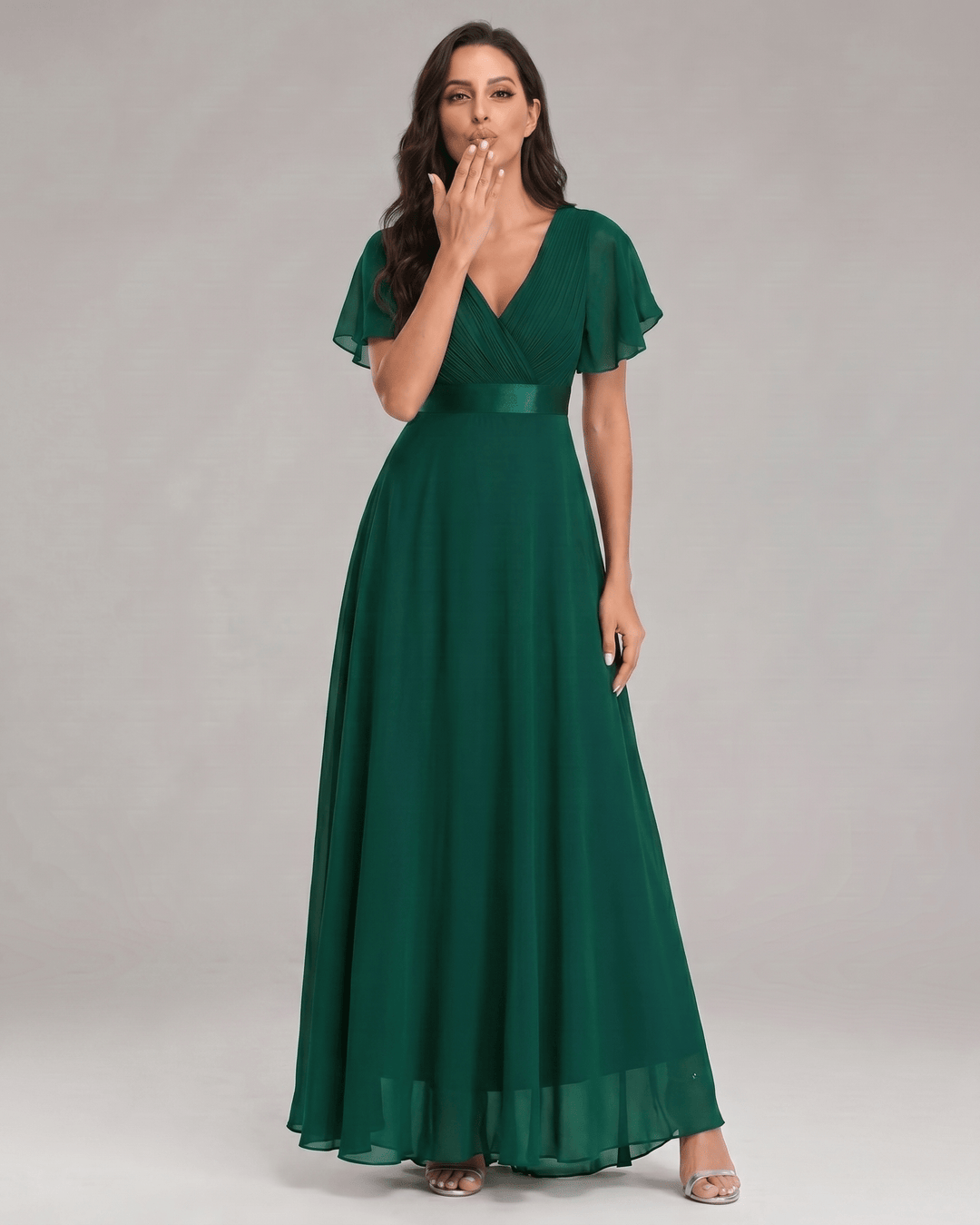 Vestido formal de noche para mujer, maxi, con escote V y mangas cortas.