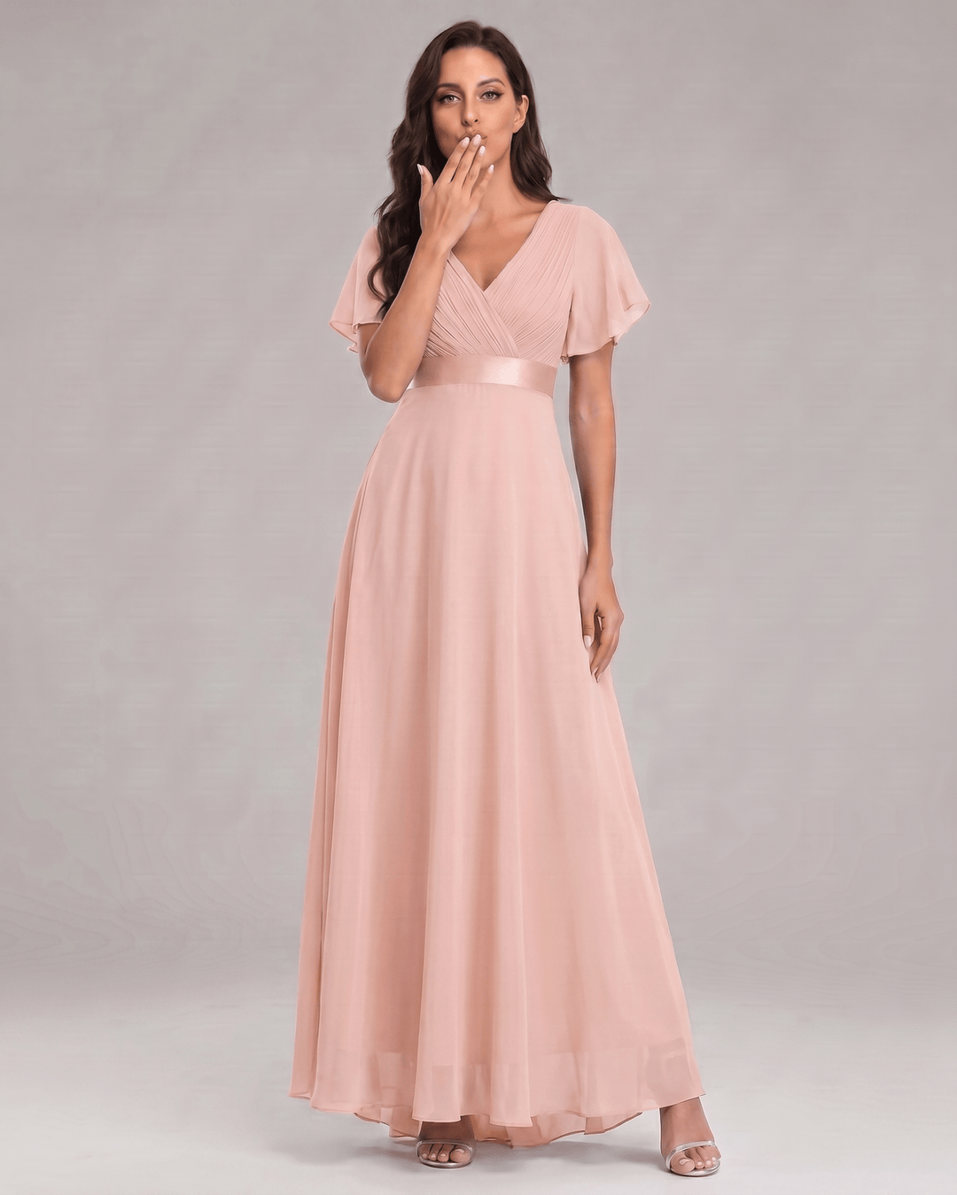 Vestido elegante, corte maxi, escote V, mangas cortas, para moda femenina.