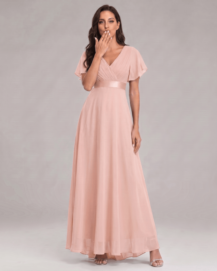 Vestido elegante, corte maxi, escote V, mangas cortas, para moda femenina.