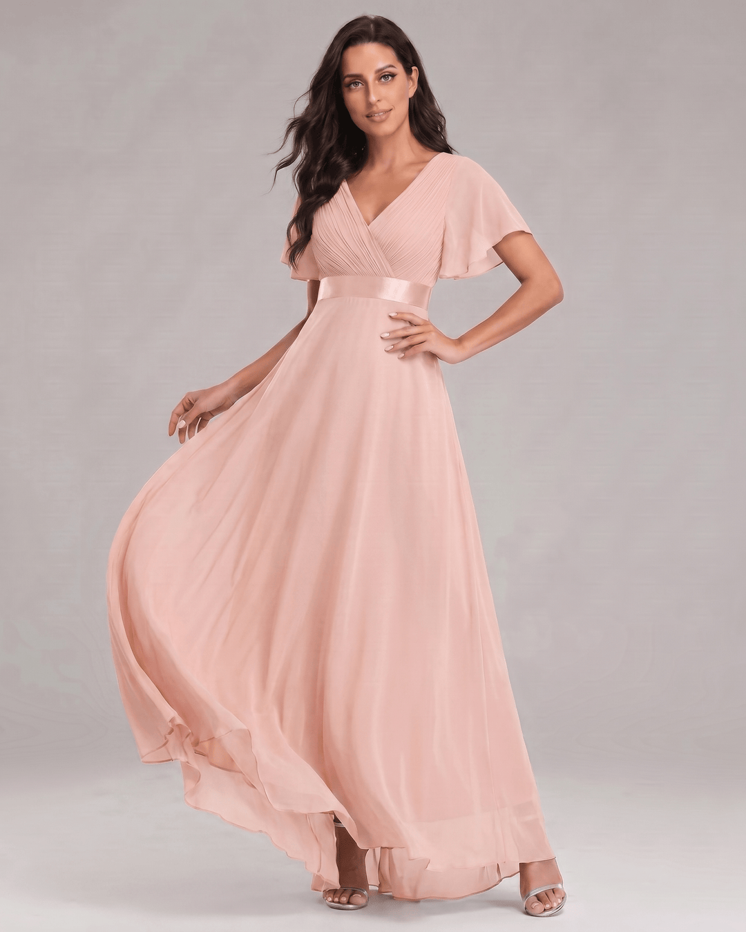 Vestido formal maxi con escote V, mangas cortas, para mujer, estilo A.
