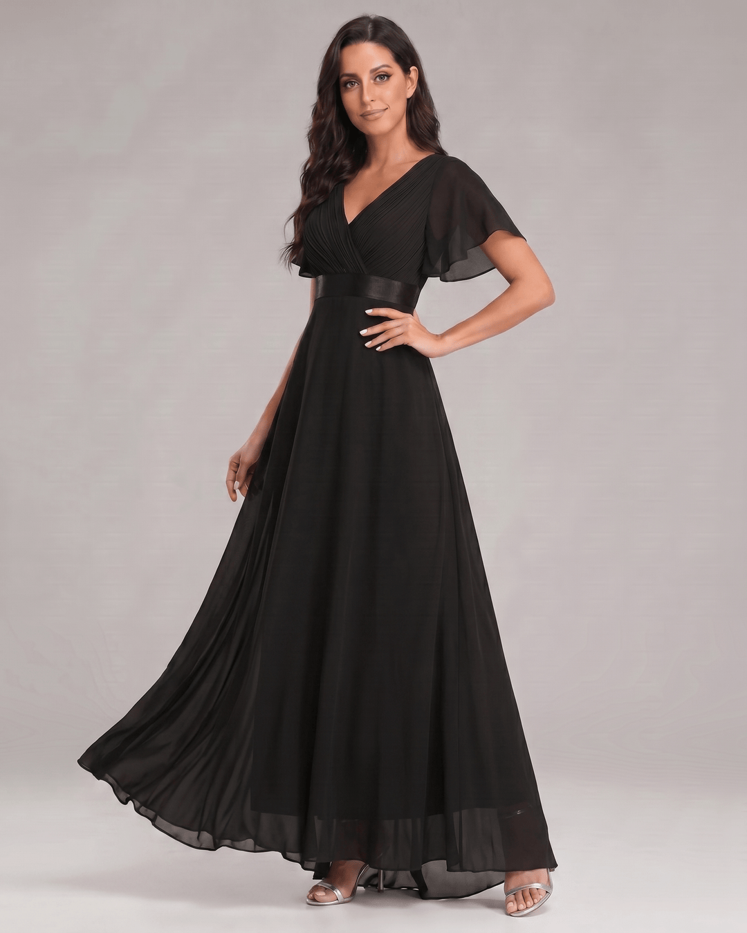 Vestido de noche femenino, maxi, con escote V, línea A, muy sofisticado.