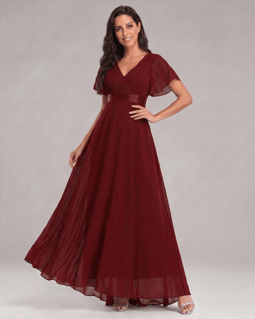 Vestido formal de mujer, maxi, escote V, línea A, sofisticado, fluido.