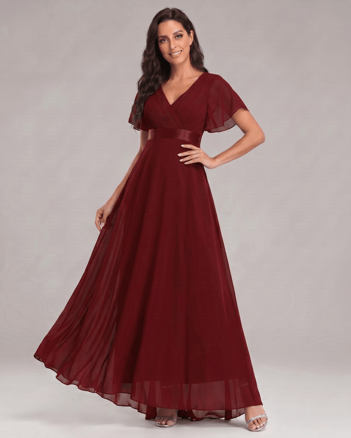 Vestido formal de mujer, maxi, escote V, línea A, sofisticado, fluido.