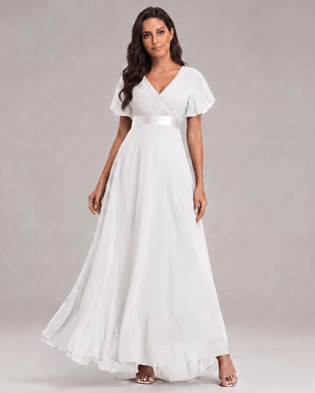 Elegante vestido maxi con escote V, mangas cortas, para fiesta formal.