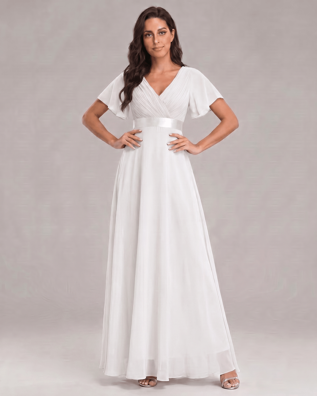 Vestido de verano, maxi, escote V, línea A, fluido, para mujer sofisticada.