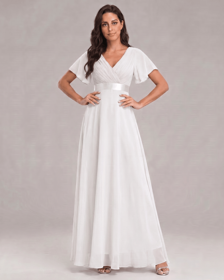 Vestido de verano, maxi, escote V, línea A, fluido, para mujer sofisticada.