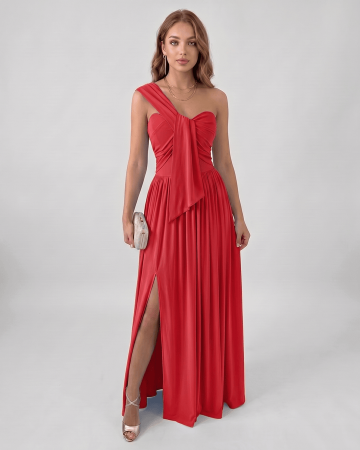 Vestido maxi asimétrico de un hombro para mujer, ideal para fiesta o noche. Elegancia fluida.