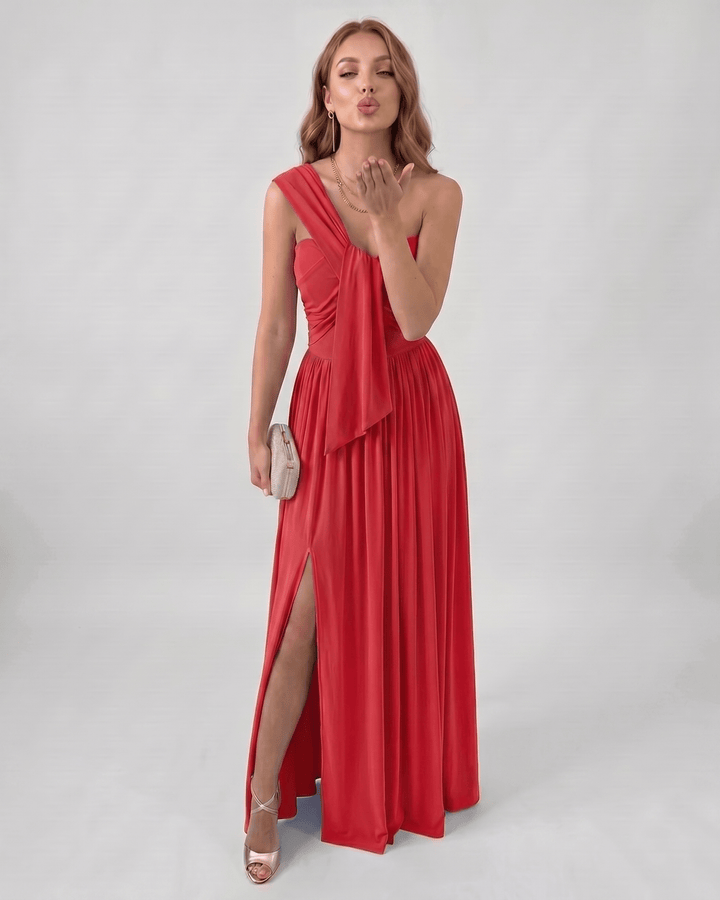 Elegante vestido maxi de mujer con un solo hombro, ideal para ocasiones especiales.