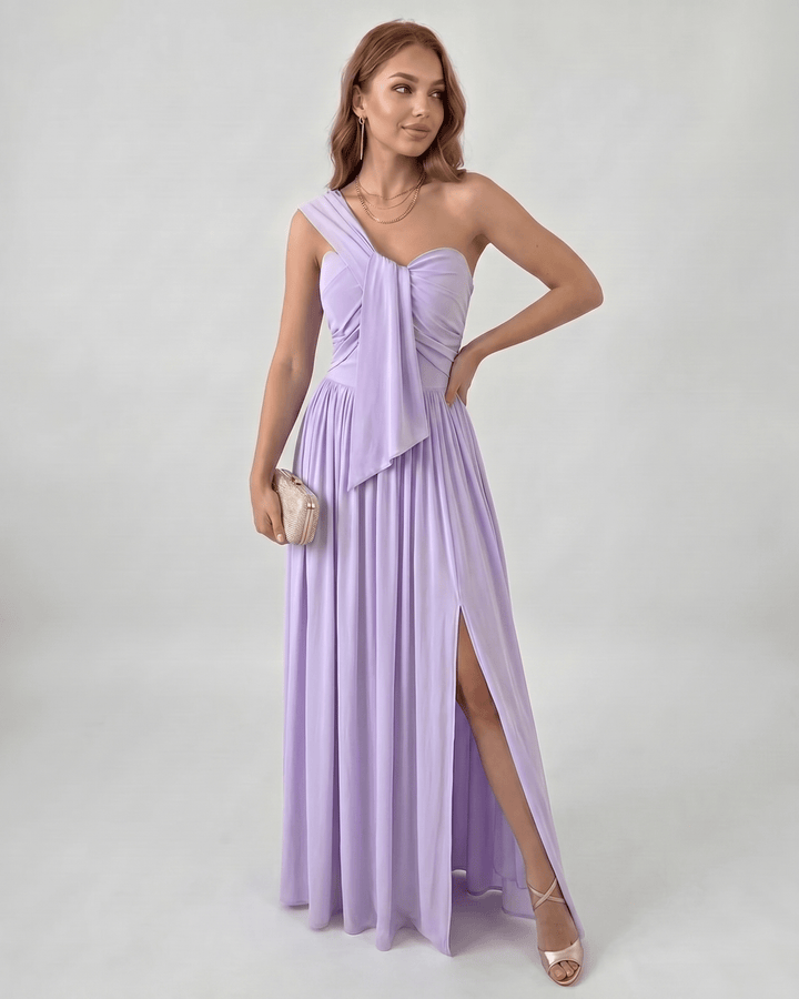 Elegante vestido maxi de un hombro, asimétrico, perfecto para la noche y eventos formales.