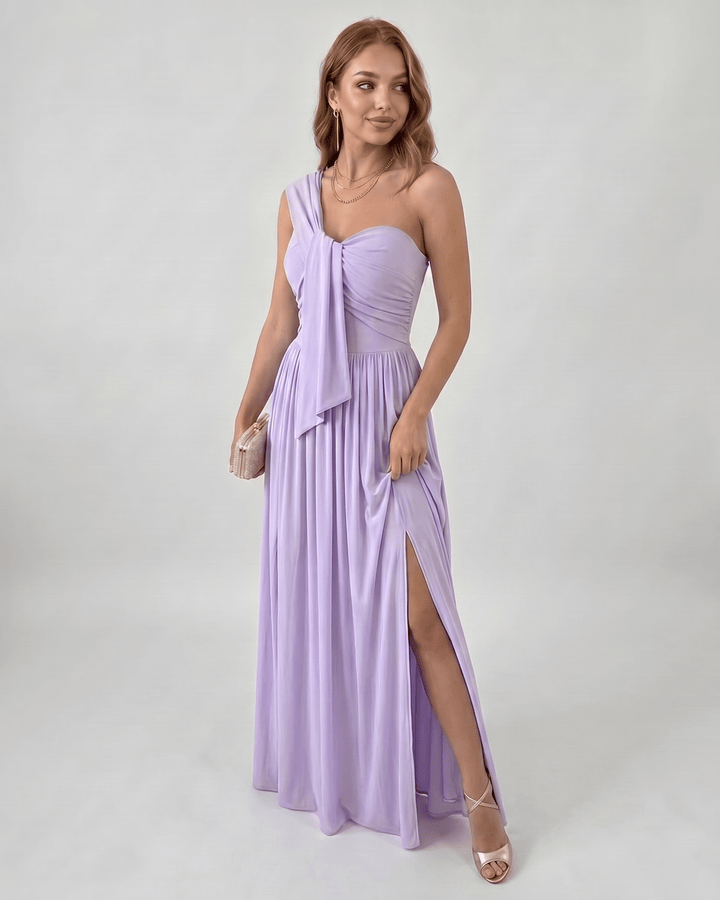 Vestido de mujer para fiesta, estilo de un hombro, diseño fluido y asimétrico.