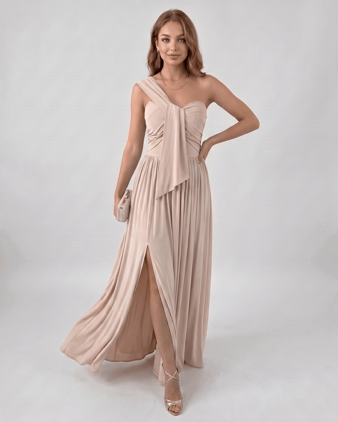 Vestido formal cóctel, estilo asimétrico de un hombro, ropa de fiesta femenina.