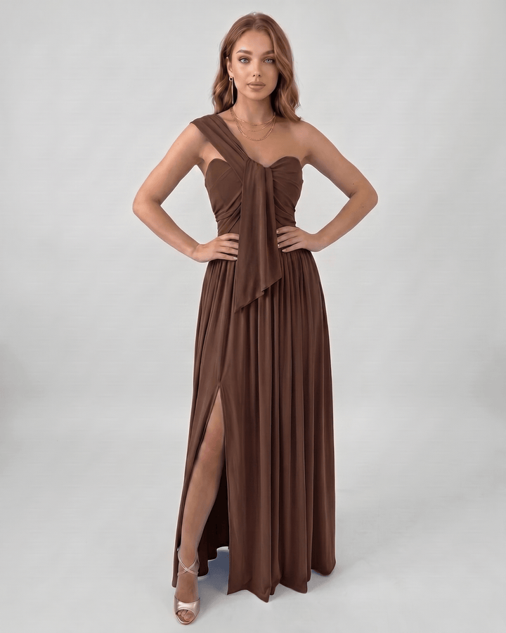 Vestido de fiesta maxi de un hombro, estilo fluido, elegancia asimétrica para mujer.