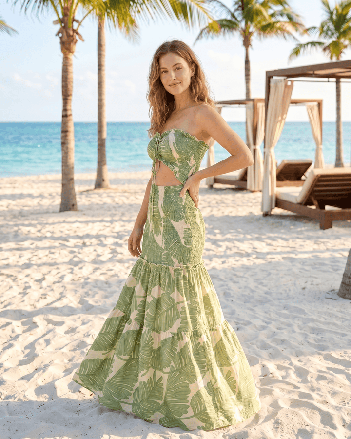 Vestido maxi de vacaciones para mujer, estilo sin tirantes, fresco y cómodo para días de sol.