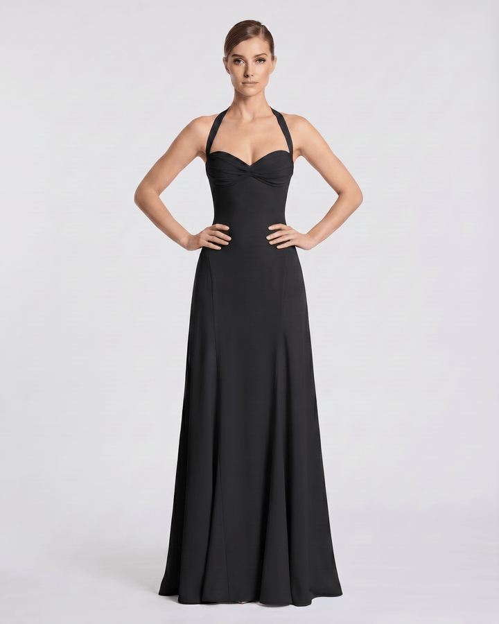 Vestido largo de mujer para fiestas y verano, con escote corazón y tirantes halter, muy fluido.
