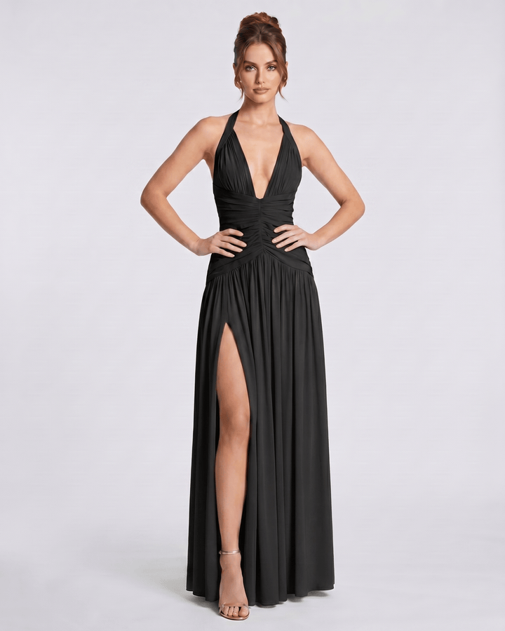 Vestido maxi de boda o fiesta para mujer, con escote halter fruncido y abertura en la pierna.